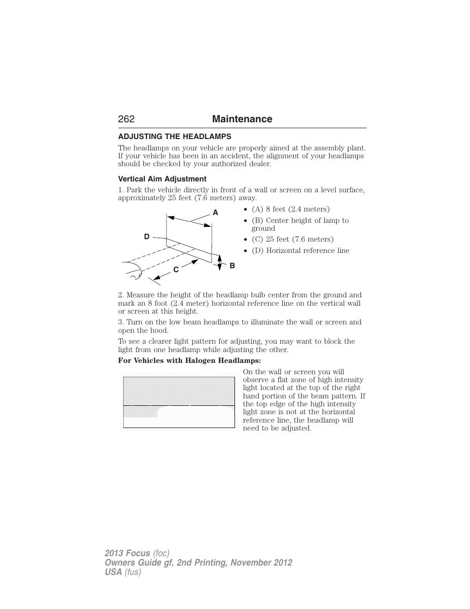 Adjusting the headlamps, Vertical aim adjustment, 262 maintenance | FORD 2013 Focus v.2 User Manual | Page 263 / 487