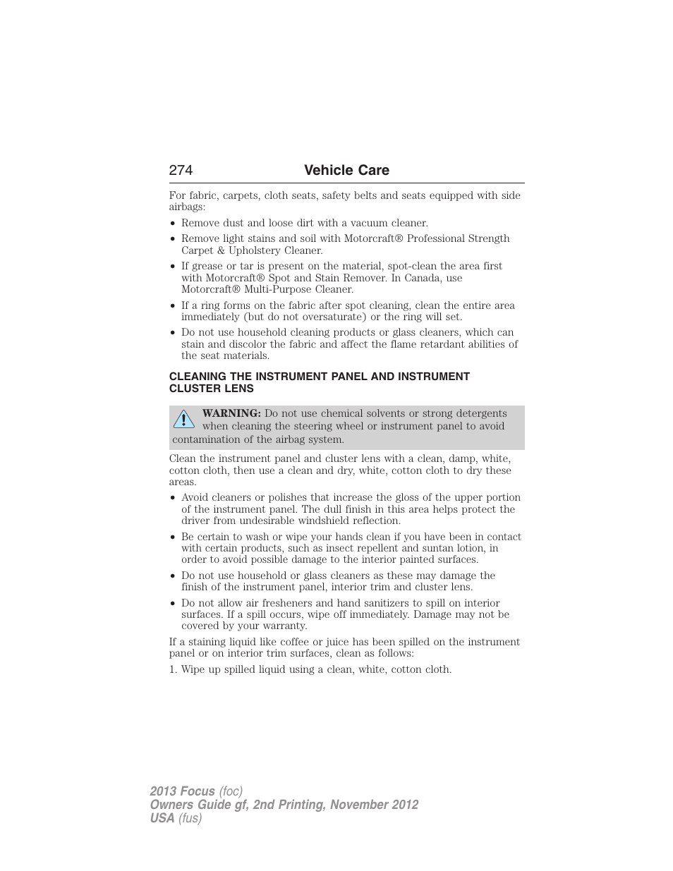 274 vehicle care | FORD 2013 Focus v.2 User Manual | Page 275 / 487