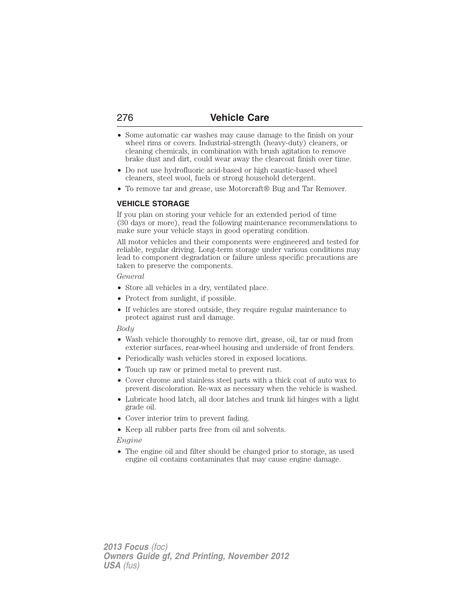 Vehicle storage, 276 vehicle care | FORD 2013 Focus v.2 User Manual | Page 277 / 487