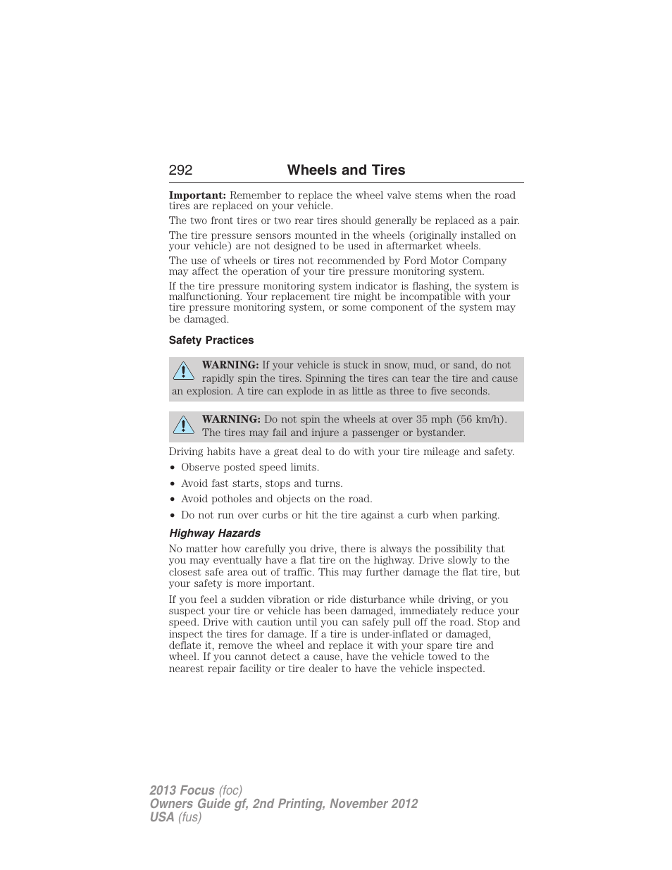 Safety practices, Highway hazards, 292 wheels and tires | FORD 2013 Focus v.2 User Manual | Page 293 / 487