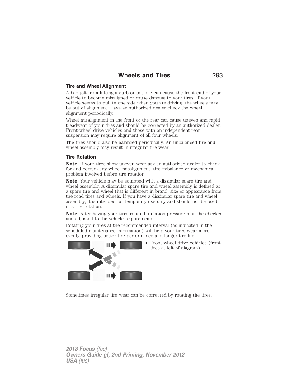 Tire and wheel alignment, Tire rotation, Wheels and tires 293 | FORD 2013 Focus v.2 User Manual | Page 294 / 487