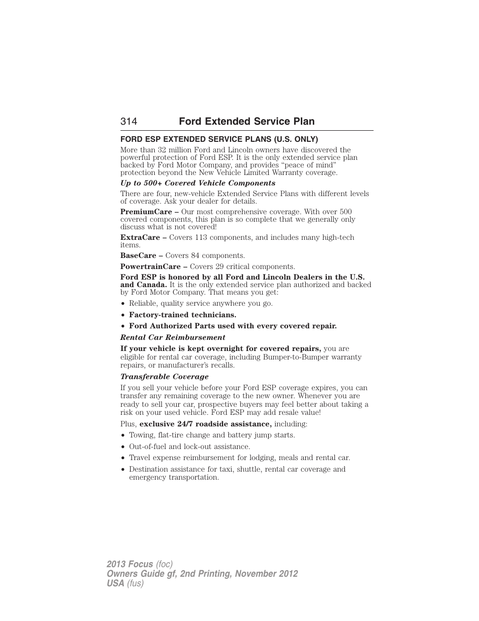 Ford extended service plan, Ford esp extended service plans (u.s. only), 314 ford extended service plan | FORD 2013 Focus v.2 User Manual | Page 315 / 487