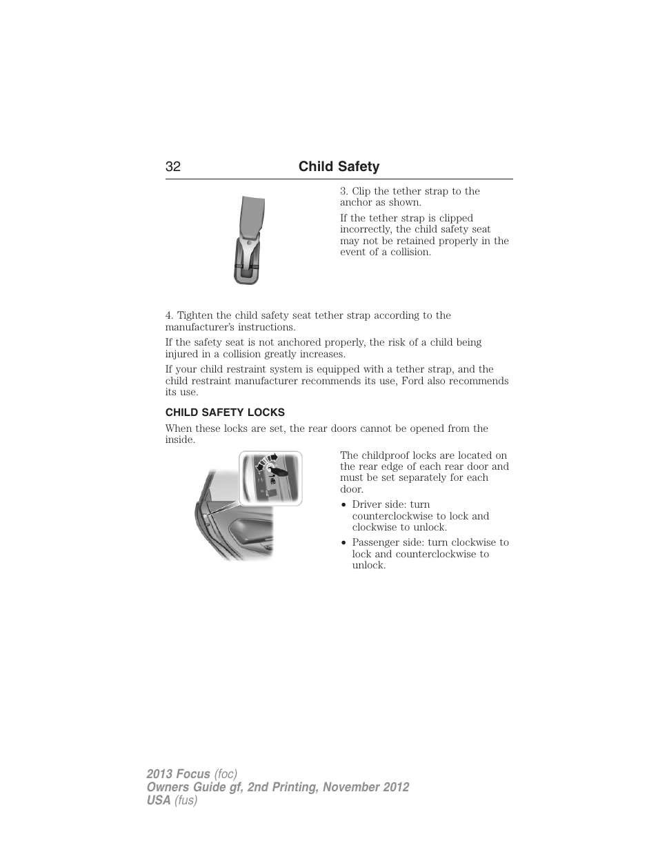 Child safety locks, 32 child safety | FORD 2013 Focus v.2 User Manual | Page 33 / 487