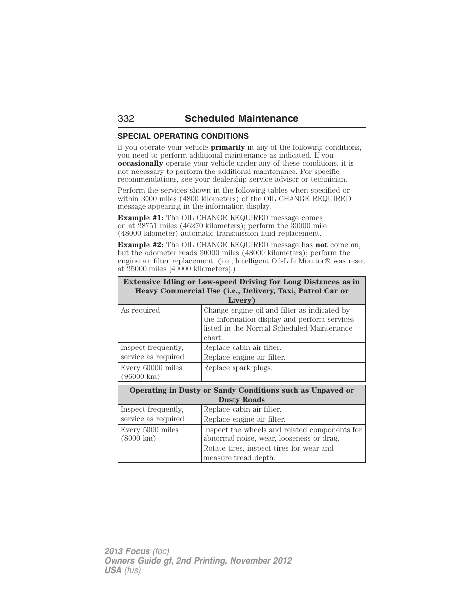 Special operating conditions, 332 scheduled maintenance | FORD 2013 Focus v.2 User Manual | Page 333 / 487