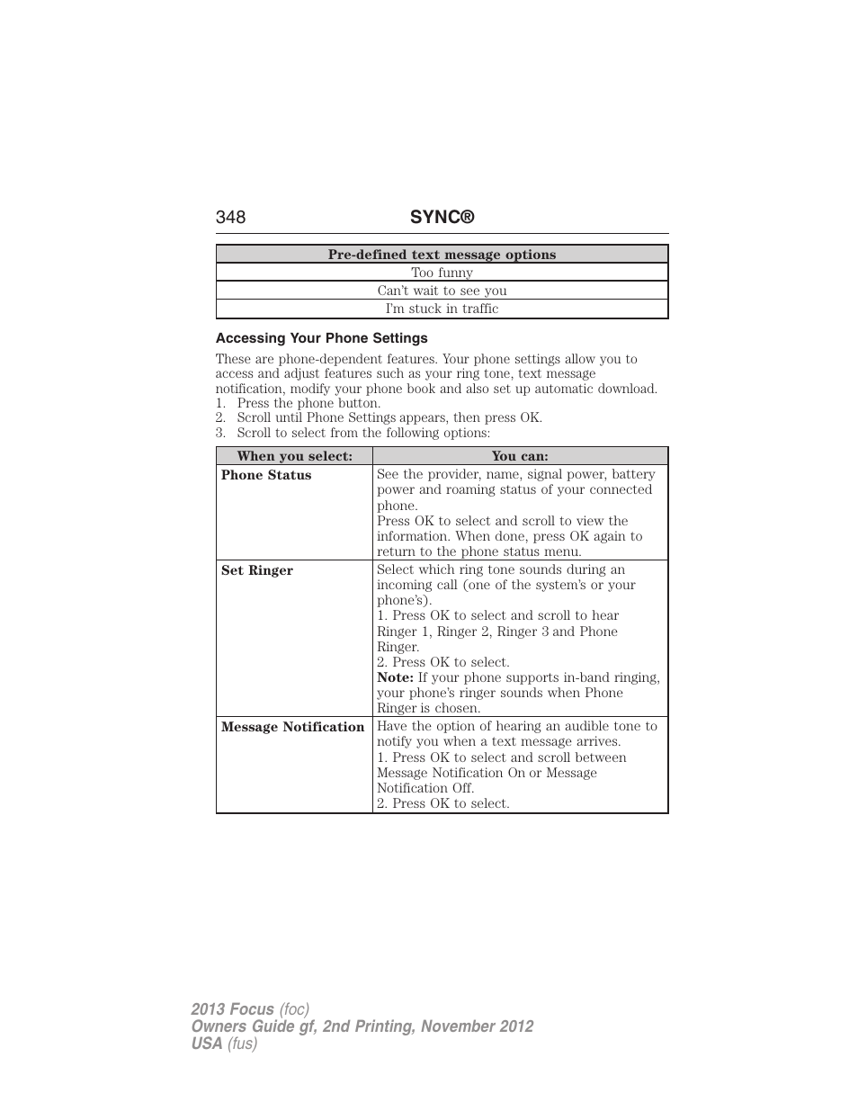 Accessing your phone settings, 348 sync | FORD 2013 Focus v.2 User Manual | Page 349 / 487