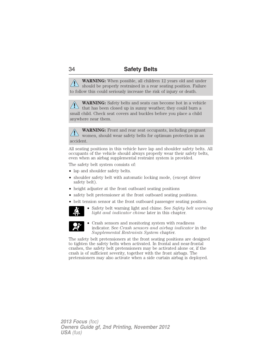 34 safety belts | FORD 2013 Focus v.2 User Manual | Page 35 / 487