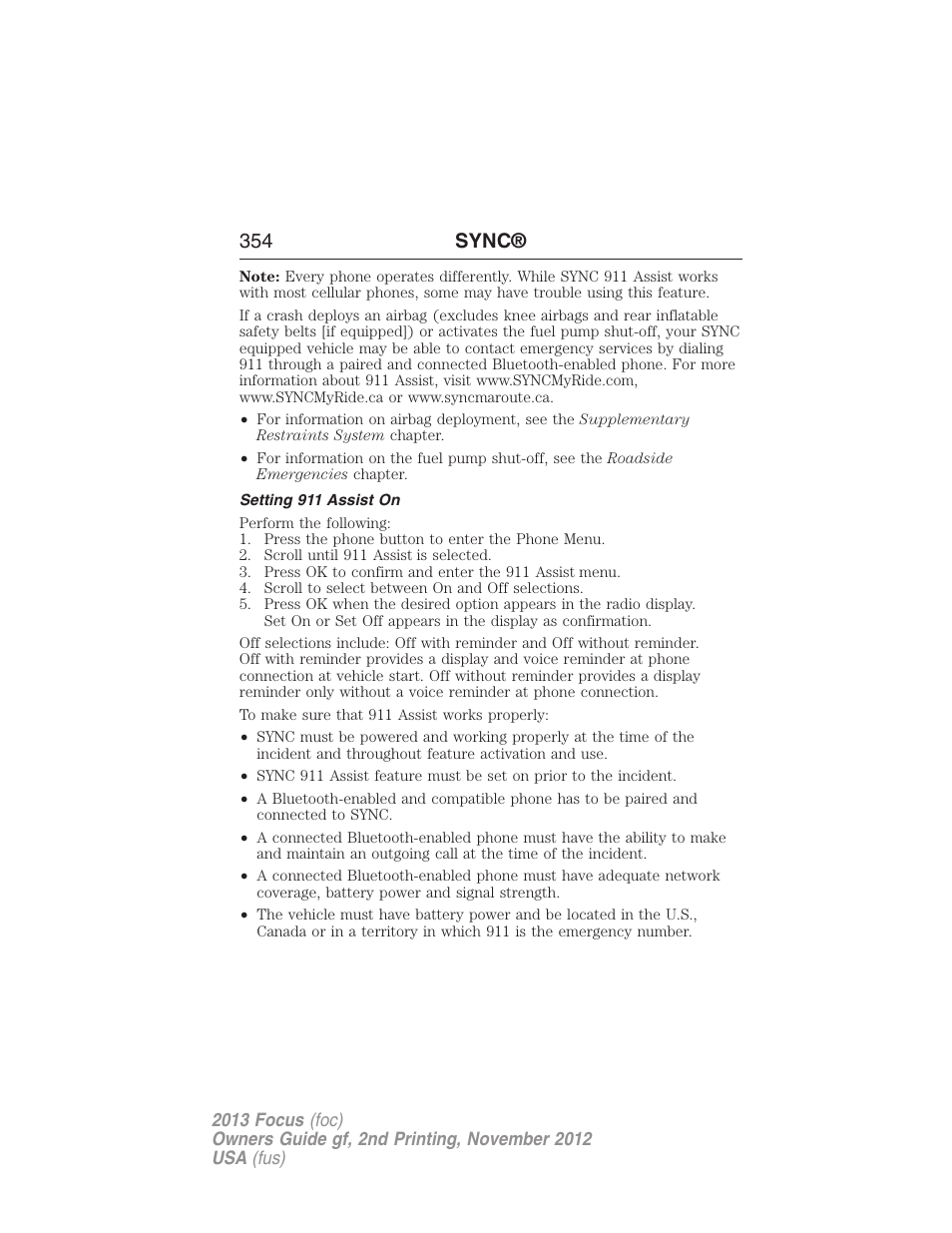 Setting 911 assist on, 354 sync | FORD 2013 Focus v.2 User Manual | Page 355 / 487