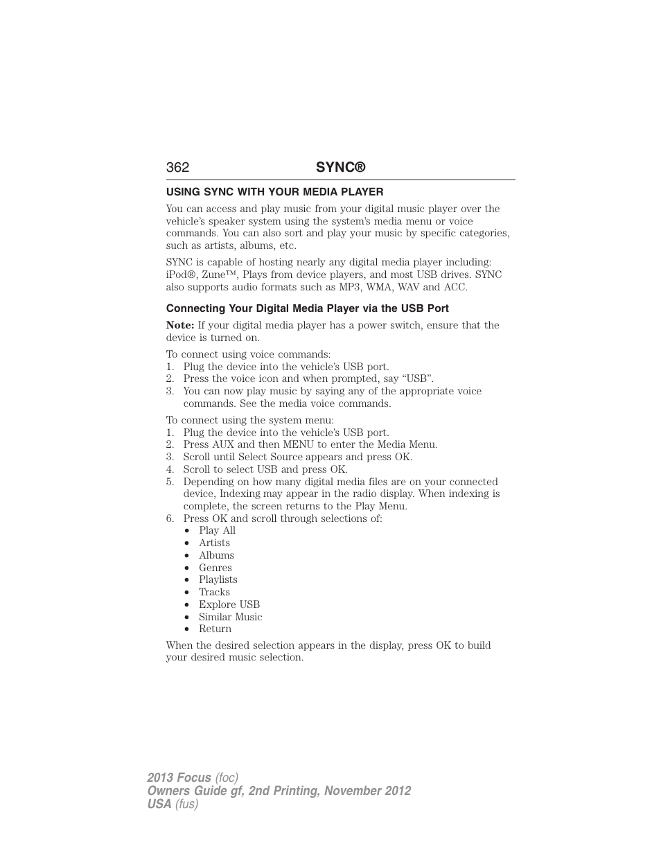 Using sync with your media player, 362 sync | FORD 2013 Focus v.2 User Manual | Page 363 / 487