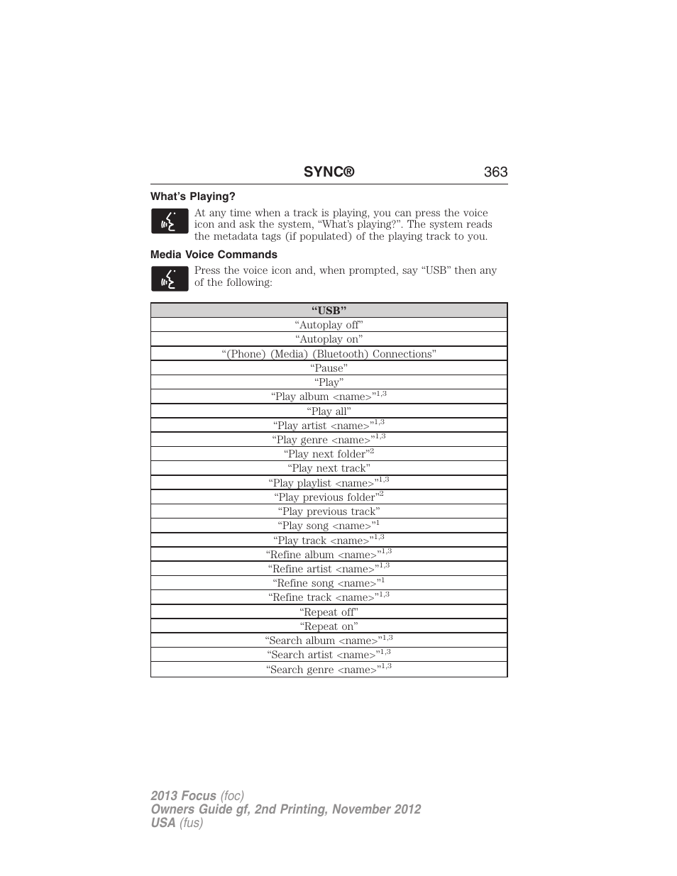 What’s playing, Media voice commands, Sync® 363 | FORD 2013 Focus v.2 User Manual | Page 364 / 487