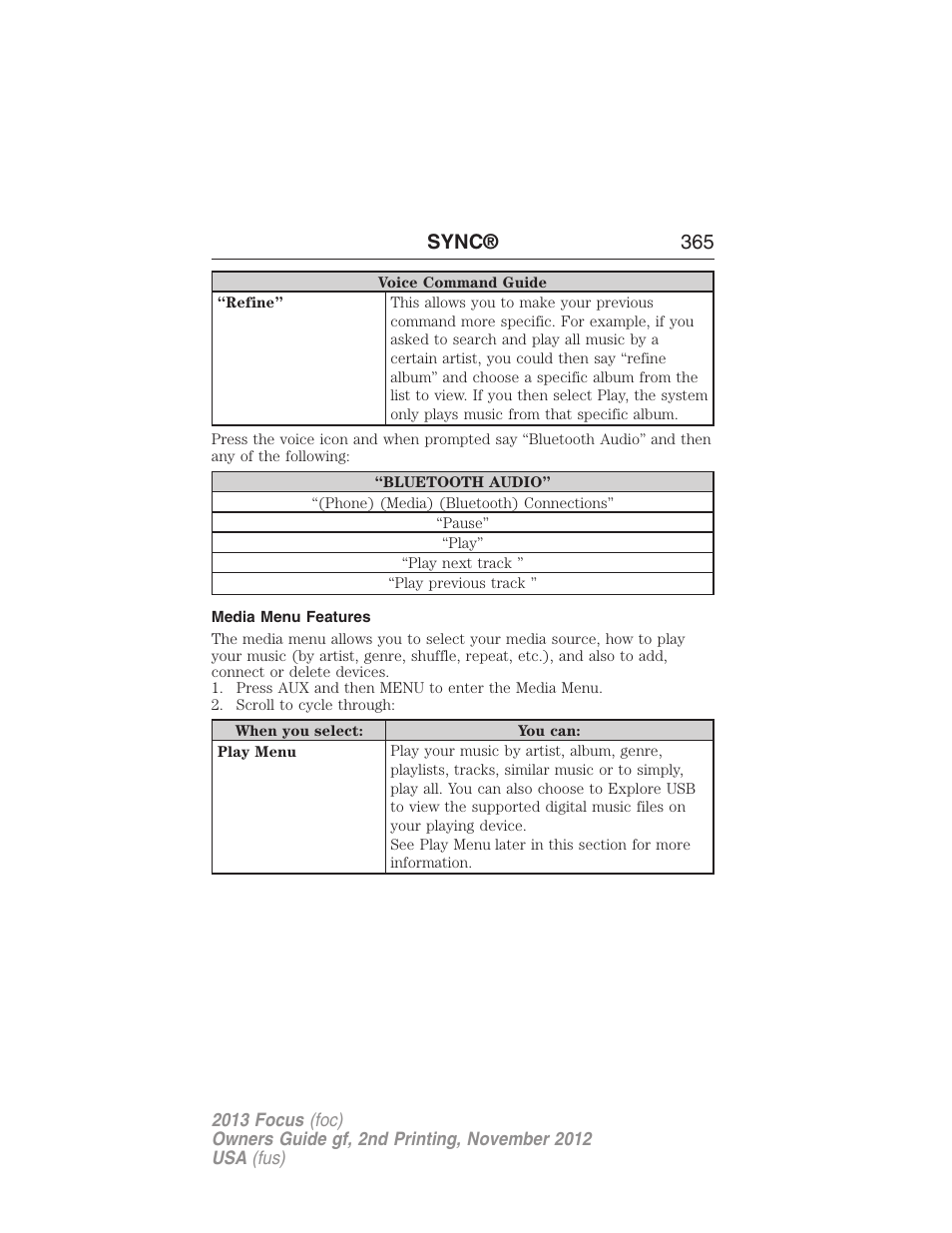 Media menu features, Sync® 365 | FORD 2013 Focus v.2 User Manual | Page 366 / 487