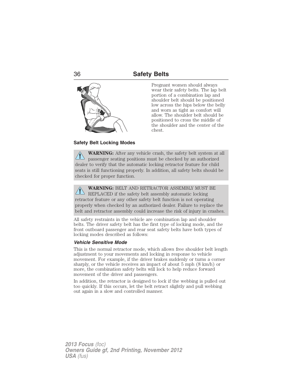 Safety belt locking modes, Vehicle sensitive mode, 36 safety belts | FORD 2013 Focus v.2 User Manual | Page 37 / 487