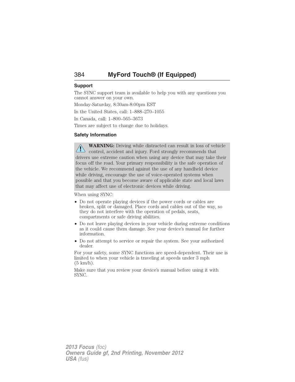 Support, Safety information, 384 myford touch® (if equipped) | FORD 2013 Focus v.2 User Manual | Page 385 / 487