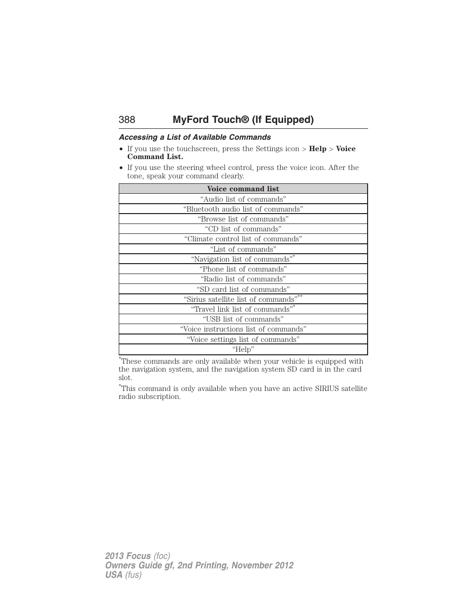 Accessing a list of available commands, 388 myford touch® (if equipped) | FORD 2013 Focus v.2 User Manual | Page 389 / 487