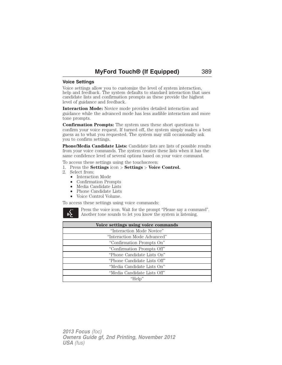Voice settings, Myford touch® (if equipped) 389 | FORD 2013 Focus v.2 User Manual | Page 390 / 487