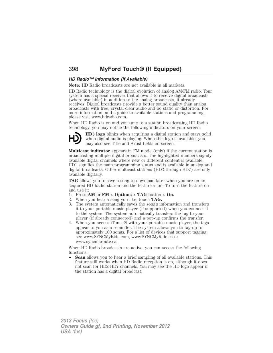 Hd radio™ information (if available), 398 myford touch® (if equipped) | FORD 2013 Focus v.2 User Manual | Page 399 / 487