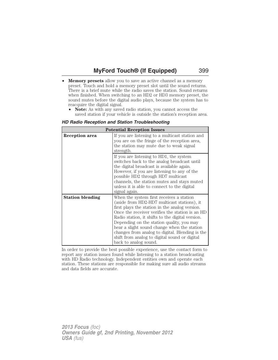 Hd radio reception and station troubleshooting, Myford touch® (if equipped) 399 | FORD 2013 Focus v.2 User Manual | Page 400 / 487