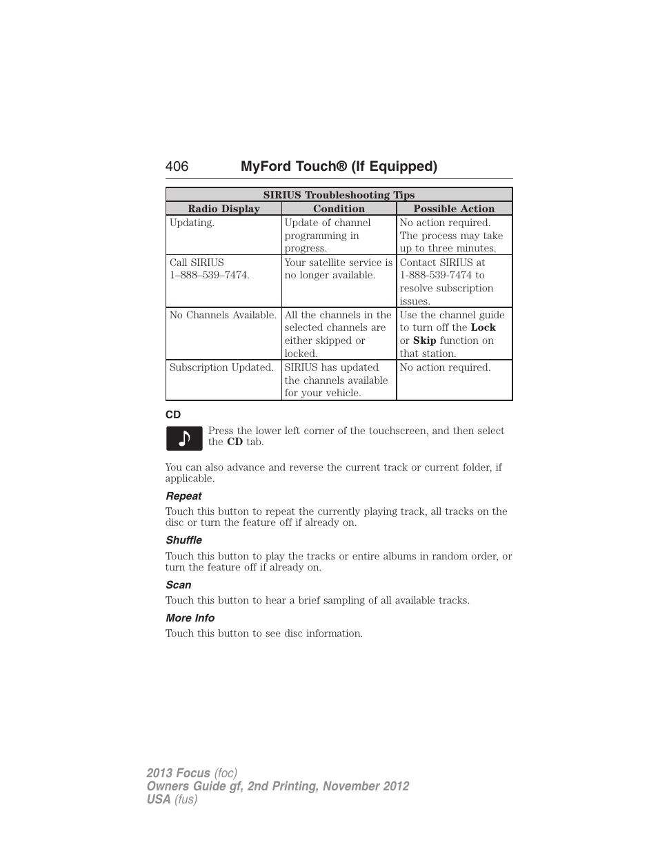 Repeat, Shuffle, Scan | More info, 406 myford touch® (if equipped) | FORD 2013 Focus v.2 User Manual | Page 407 / 487