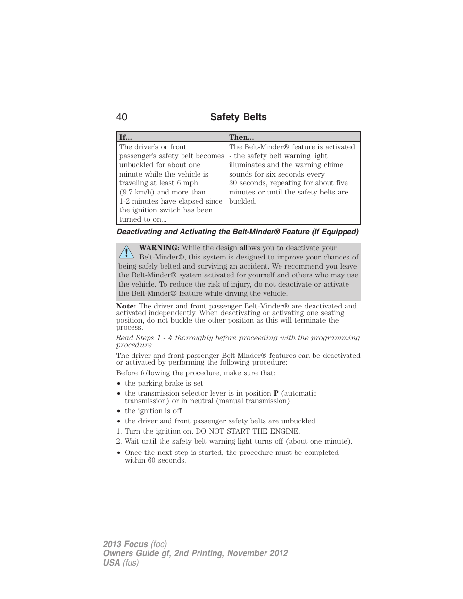 40 safety belts | FORD 2013 Focus v.2 User Manual | Page 41 / 487