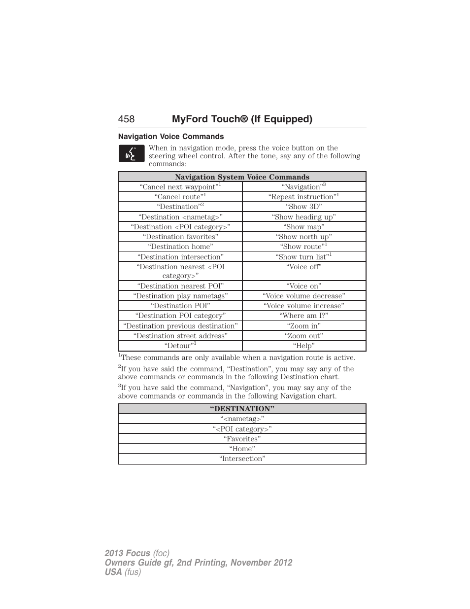 Navigation voice commands, 458 myford touch® (if equipped) | FORD 2013 Focus v.2 User Manual | Page 459 / 487