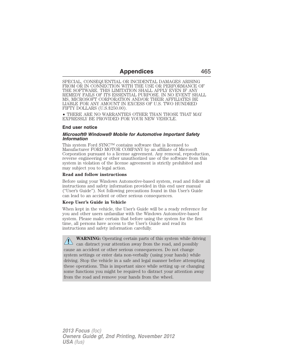 End user notice, Appendices 465 | FORD 2013 Focus v.2 User Manual | Page 466 / 487