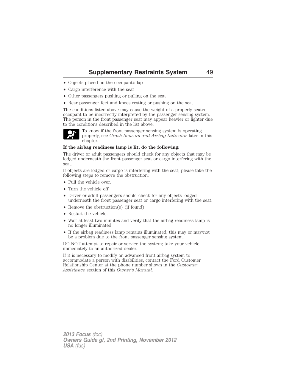 Supplementary restraints system 49 | FORD 2013 Focus v.2 User Manual | Page 50 / 487