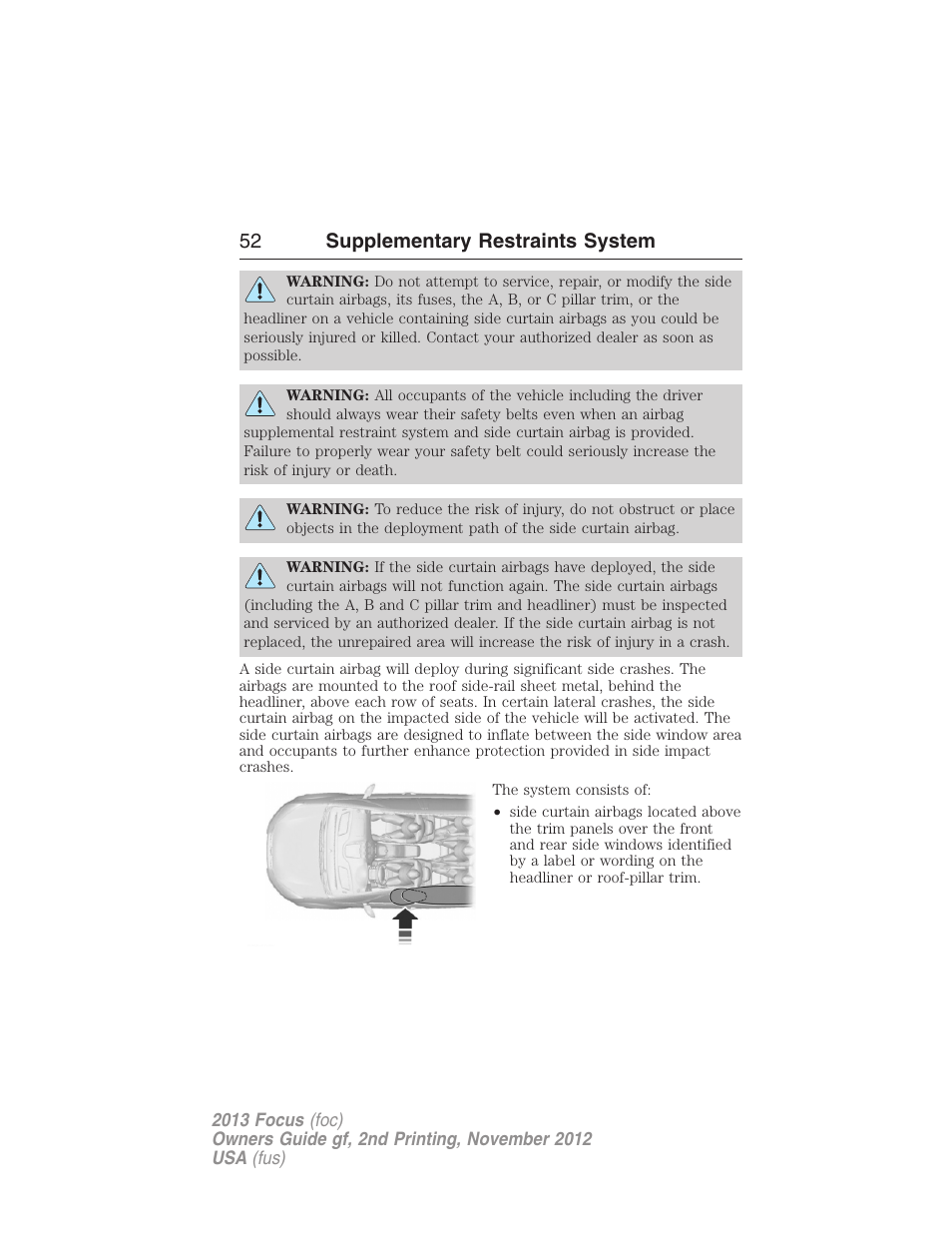 52 supplementary restraints system | FORD 2013 Focus v.2 User Manual | Page 53 / 487