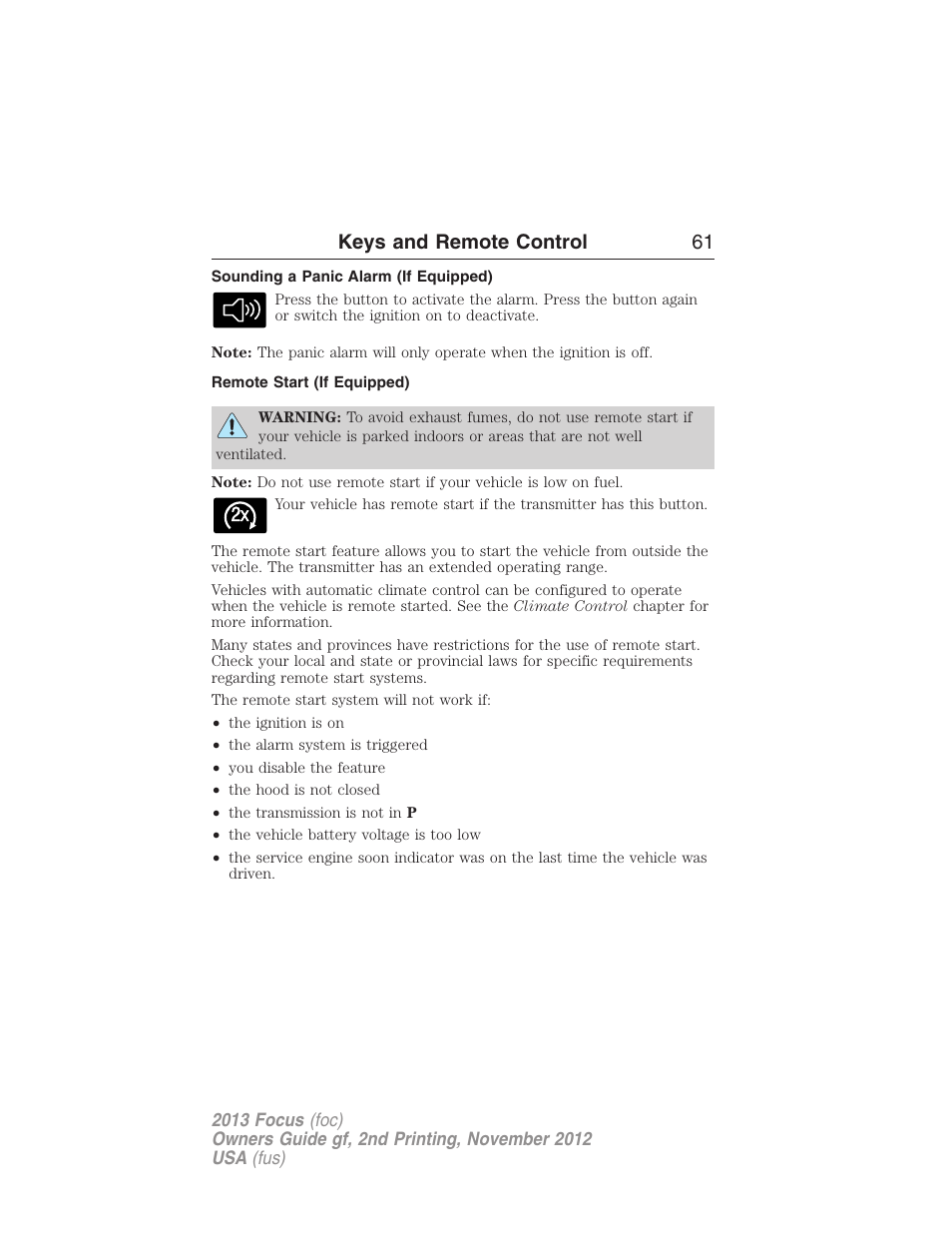 Sounding a panic alarm (if equipped), Remote start (if equipped), Keys and remote control 61 | FORD 2013 Focus v.2 User Manual | Page 62 / 487