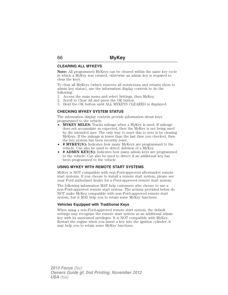 Clearing all mykeys, Checking mykey system status, Using mykey with remote start systems | Vehicles equipped with traditional keys, Clearing, System status, Remote start, mykey, 66 mykey | FORD 2013 Focus v.2 User Manual | Page 67 / 487