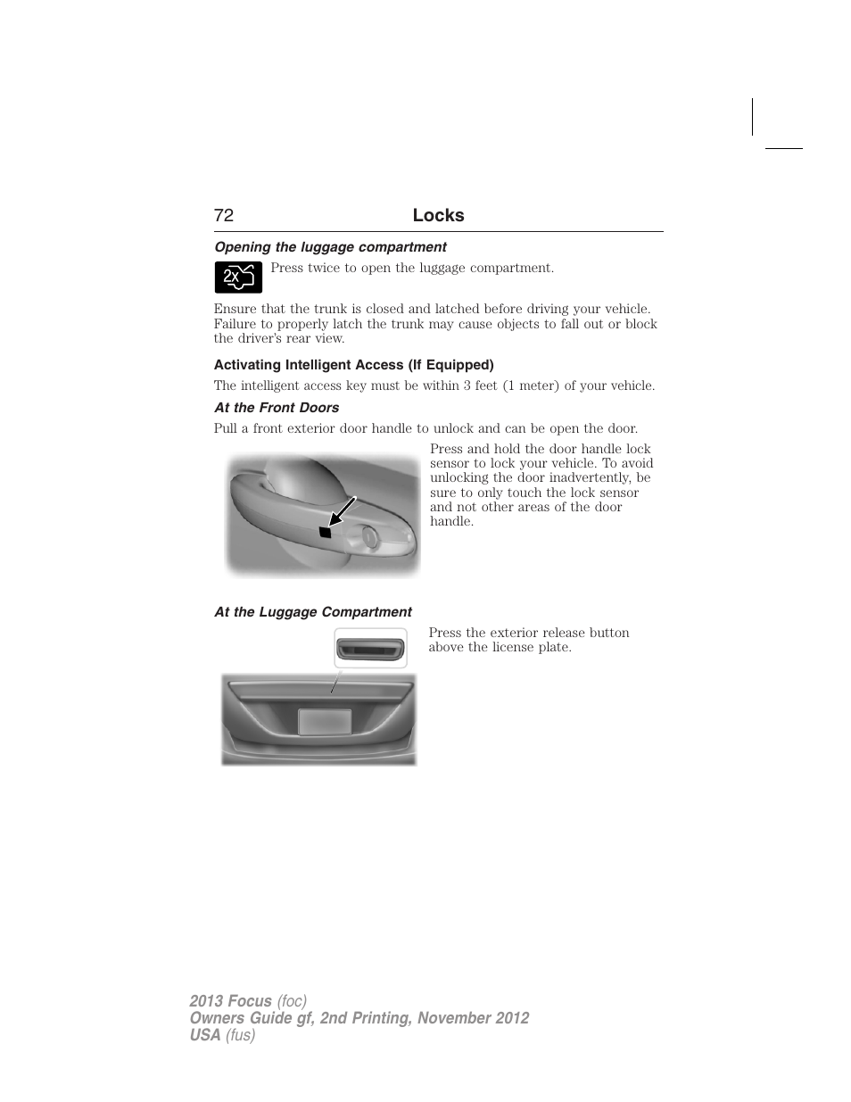 Opening the luggage compartment, Activating intelligent access (if equipped), At the front doors | At the luggage compartment, 72 locks | FORD 2013 Focus v.2 User Manual | Page 73 / 487