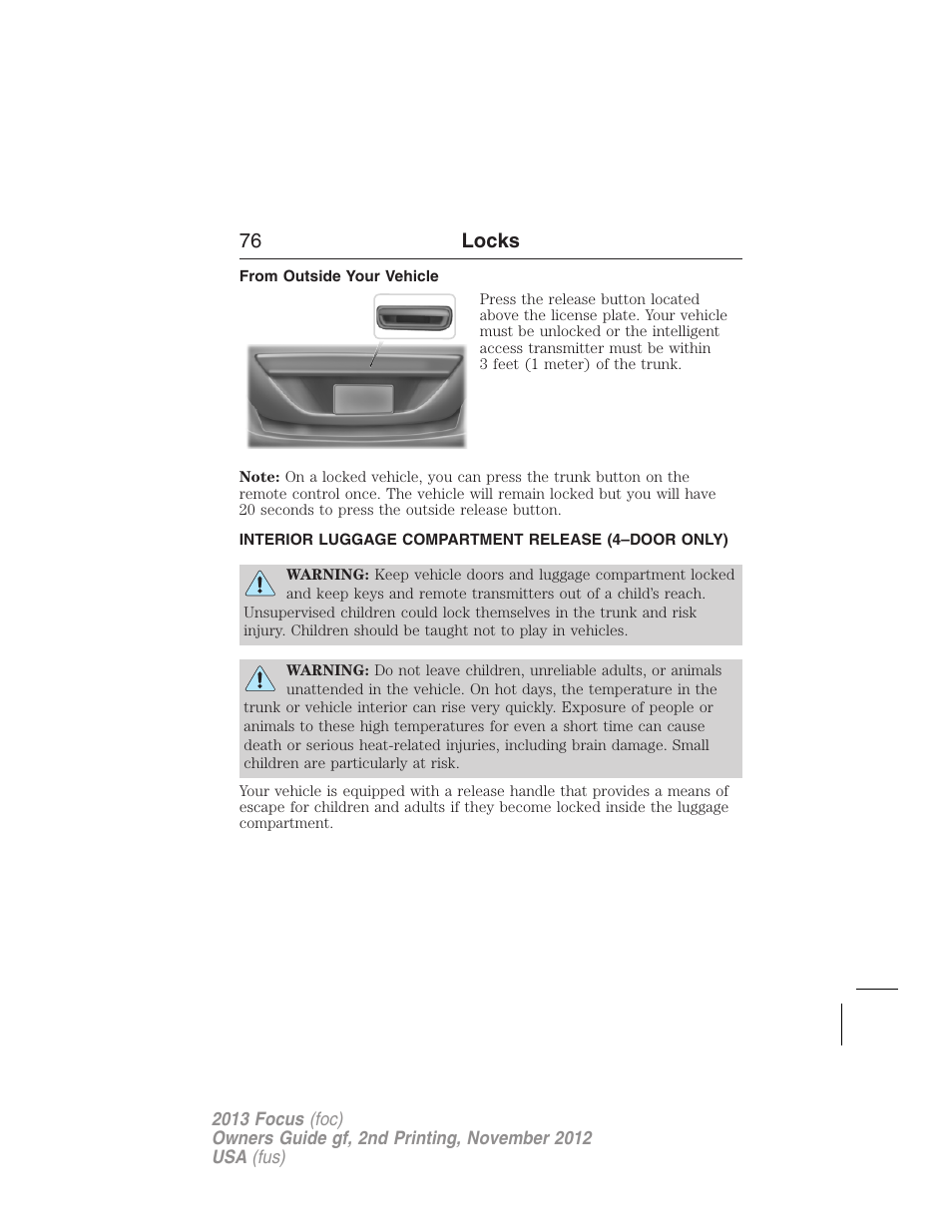 From outside your vehicle, Interior luggage compartment release (4–door only), Interior luggage compartment release | 76 locks | FORD 2013 Focus v.2 User Manual | Page 77 / 487