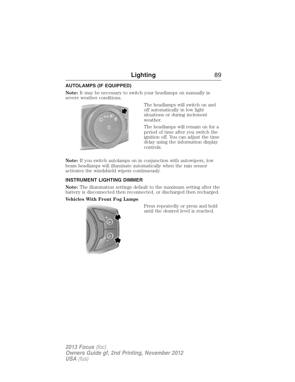 Autolamps (if equipped), Instrument lighting dimmer, Autolamps | Lighting 89 | FORD 2013 Focus v.2 User Manual | Page 90 / 487