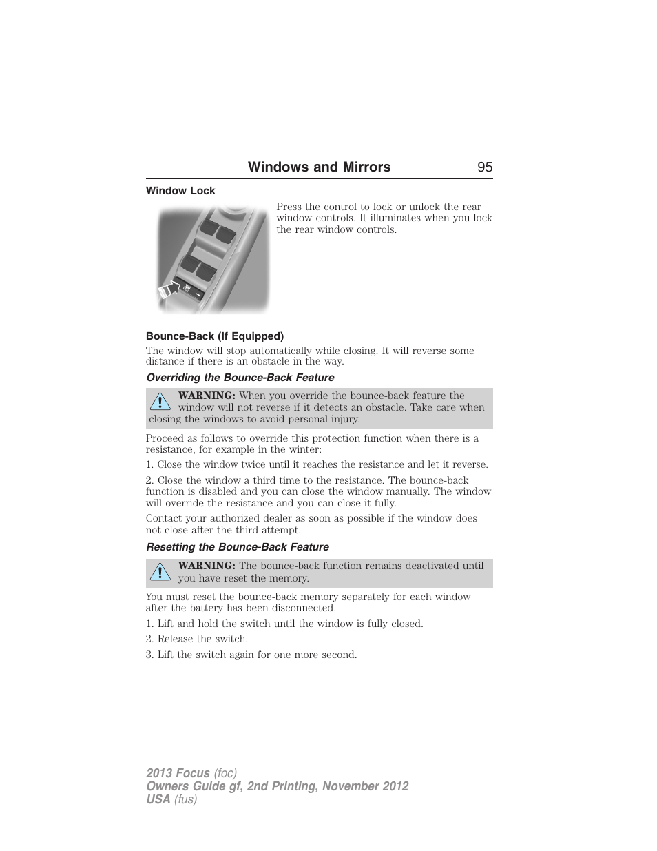 Window lock, Bounce-back (if equipped), Overriding the bounce-back feature | Resetting the bounce-back feature, Windows and mirrors 95 | FORD 2013 Focus v.2 User Manual | Page 96 / 487