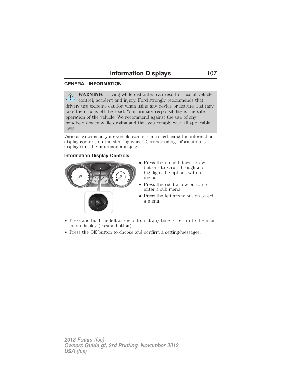 Information displays, General information, Information display controls | Controls, Information displays 107 | FORD 2013 Focus v.3 User Manual | Page 108 / 487