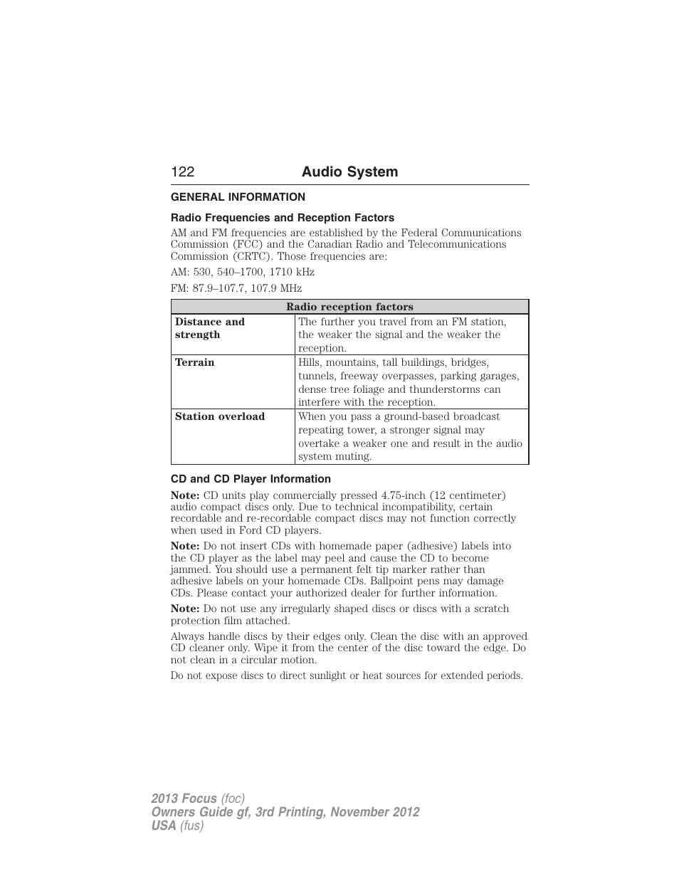 Audio system, General information, Radio frequencies and reception factors | Cd and cd player information, 122 audio system | FORD 2013 Focus v.3 User Manual | Page 123 / 487