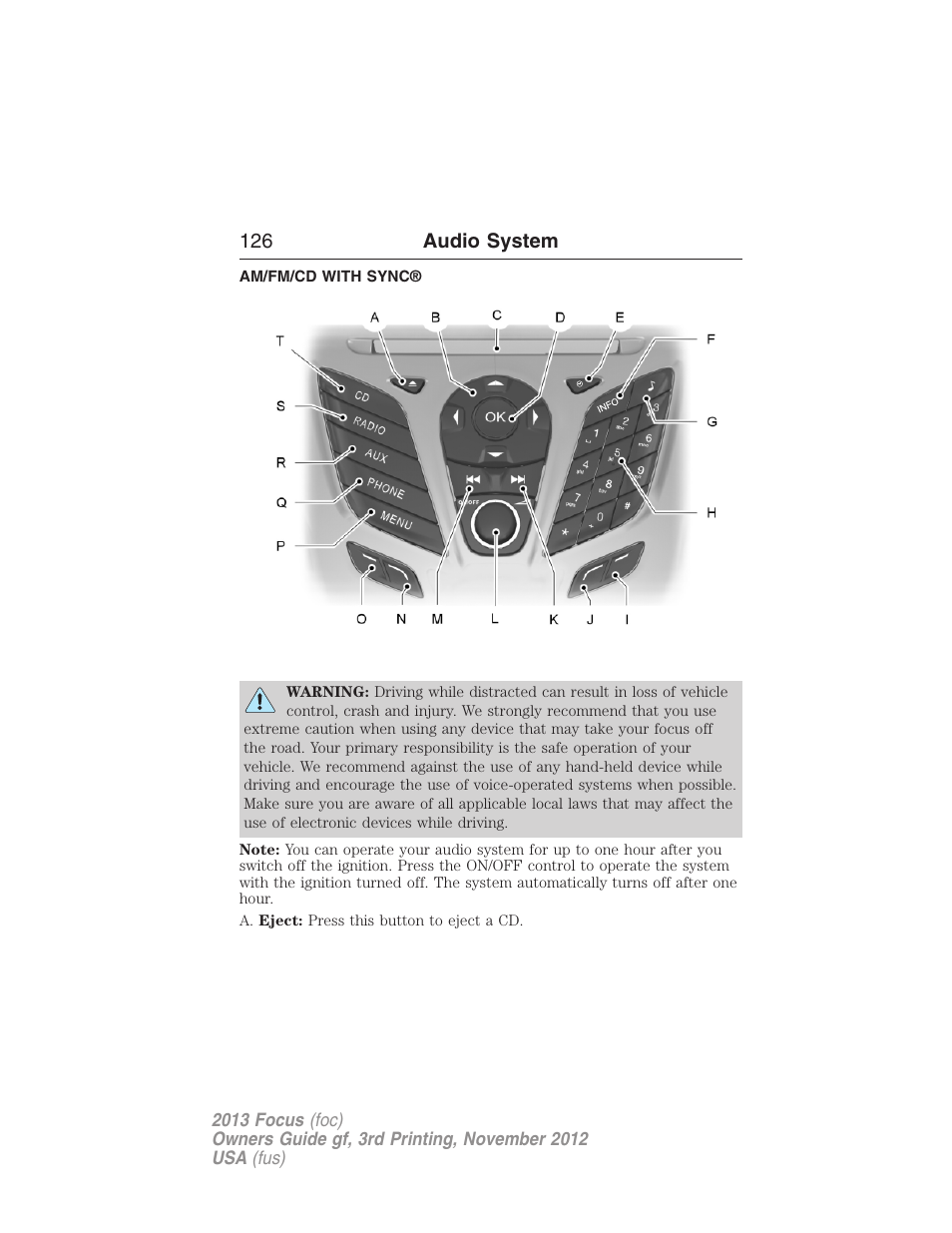 Am/fm/cd with sync | FORD 2013 Focus v.3 User Manual | Page 127 / 487