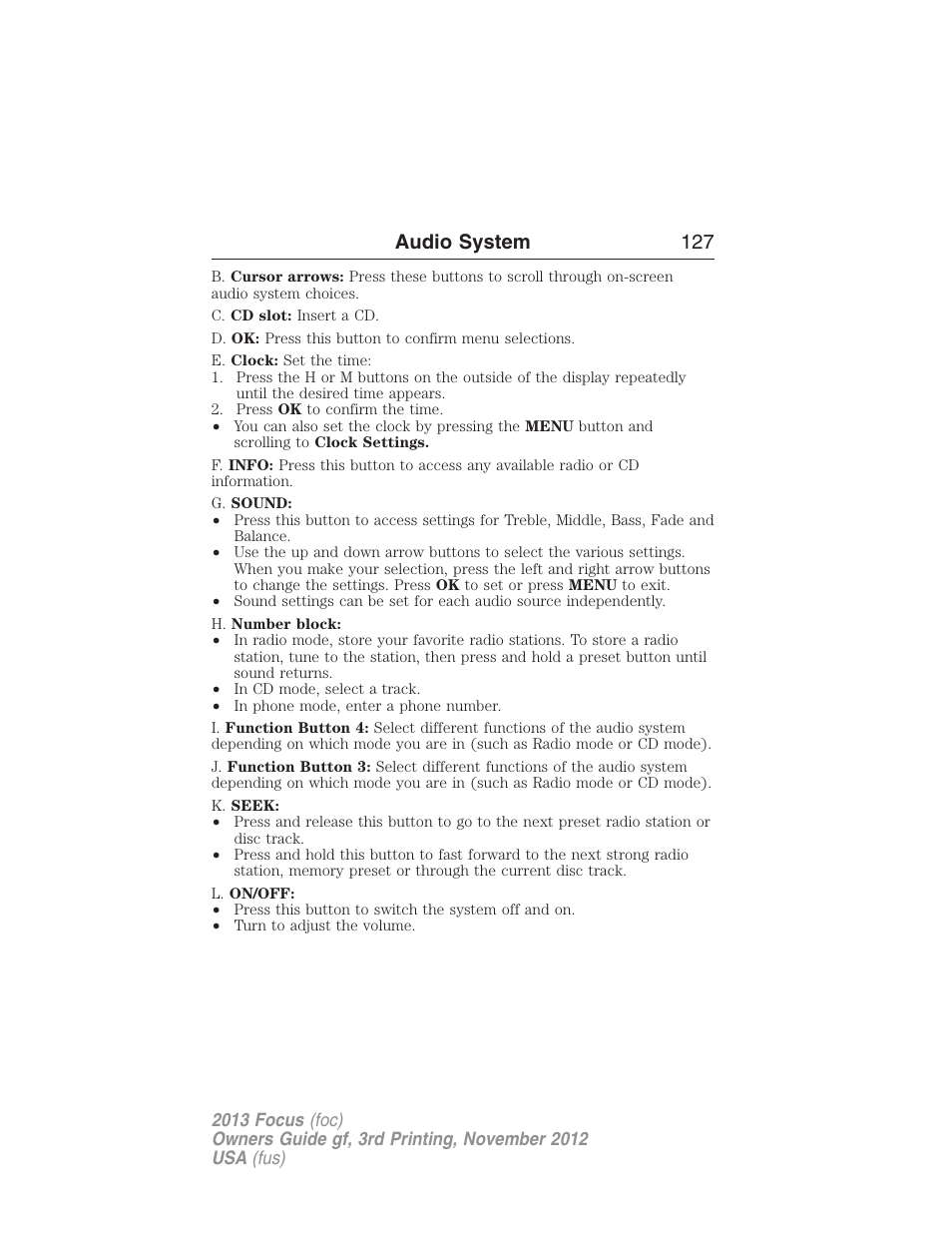 Audio system 127 | FORD 2013 Focus v.3 User Manual | Page 128 / 487