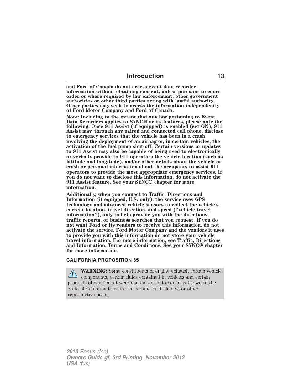 California proposition 65, Introduction 13 | FORD 2013 Focus v.3 User Manual | Page 14 / 487