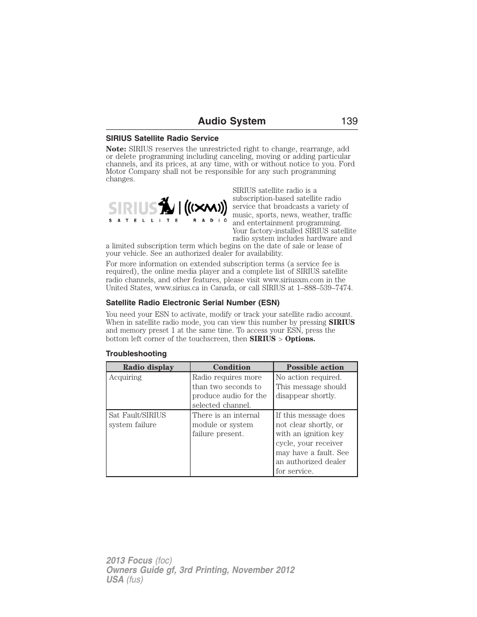 Sirius satellite radio service, Satellite radio electronic serial number (esn), Troubleshooting | Audio system 139 | FORD 2013 Focus v.3 User Manual | Page 140 / 487