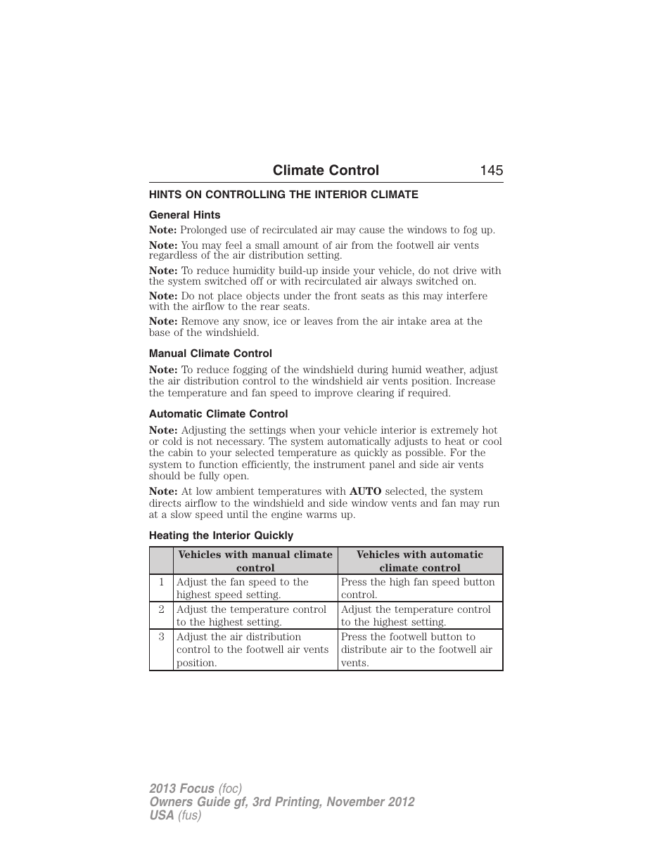 Hints on controlling the interior climate, General hints, Manual climate control | Automatic climate control, Heating the interior quickly, Climate control 145 | FORD 2013 Focus v.3 User Manual | Page 146 / 487