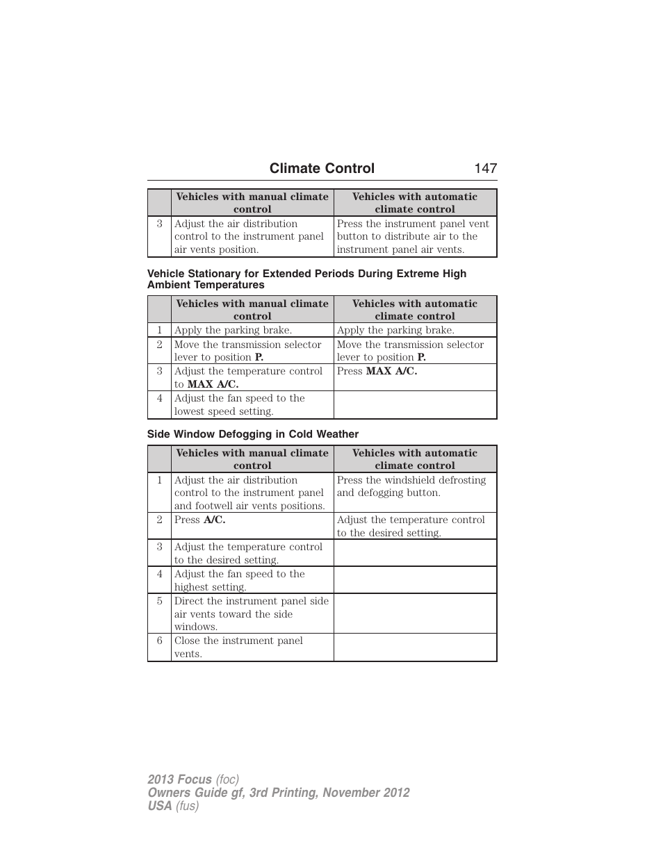 Side window defogging in cold weather, Climate control 147 | FORD 2013 Focus v.3 User Manual | Page 148 / 487