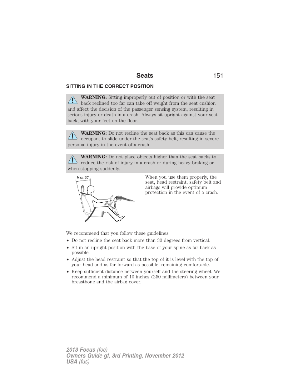 Seats, Sitting in the correct position, Seats 151 | FORD 2013 Focus v.3 User Manual | Page 152 / 487