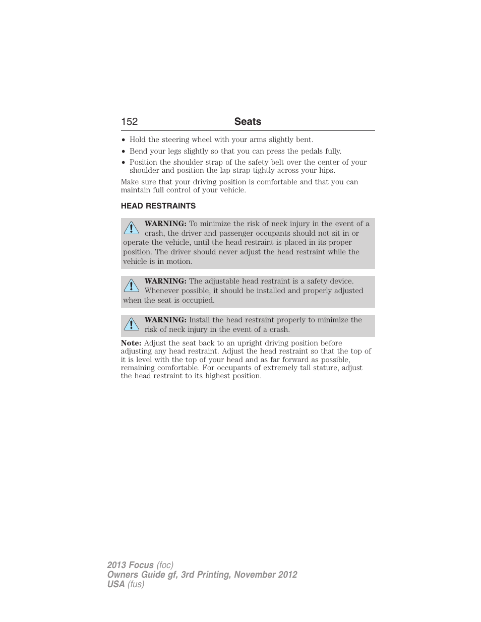 Head restraints, 152 seats | FORD 2013 Focus v.3 User Manual | Page 153 / 487