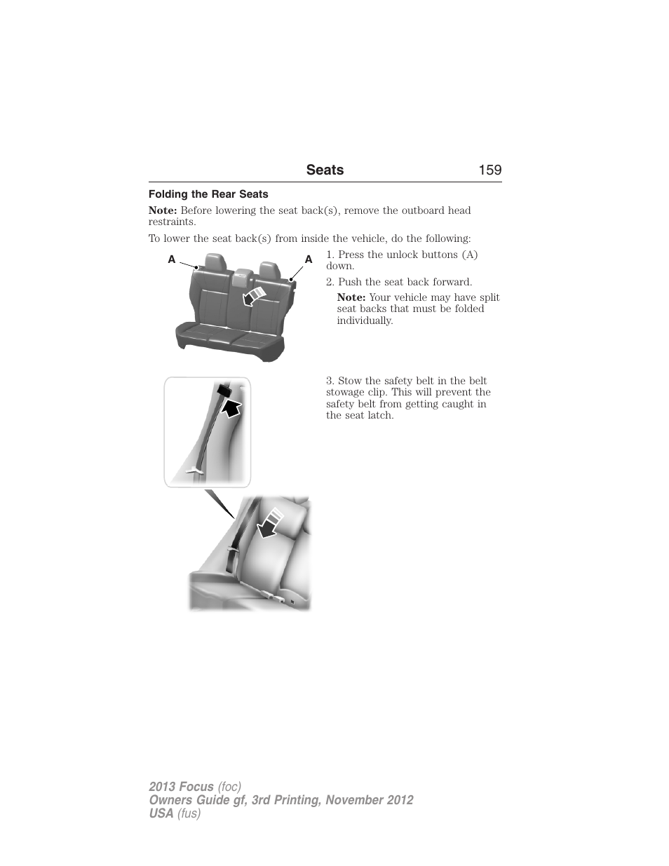 Folding the rear seats, Rear seats, Seats 159 | FORD 2013 Focus v.3 User Manual | Page 160 / 487