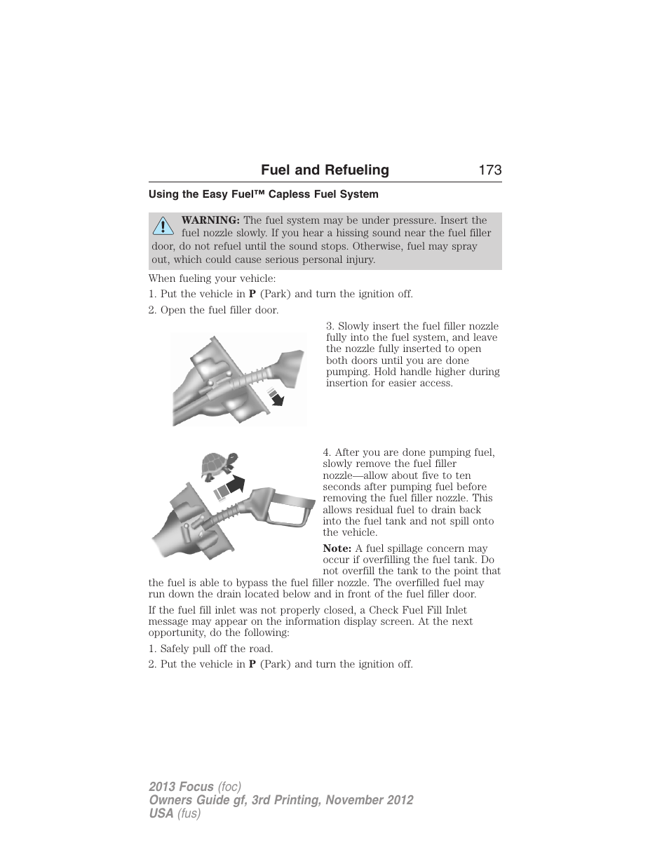 Using the easy fuel™ capless fuel system, Fuel and refueling 173 | FORD 2013 Focus v.3 User Manual | Page 174 / 487