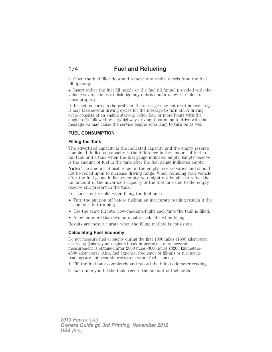 Fuel consumption, Filling the tank, Calculating fuel economy | 174 fuel and refueling | FORD 2013 Focus v.3 User Manual | Page 175 / 487