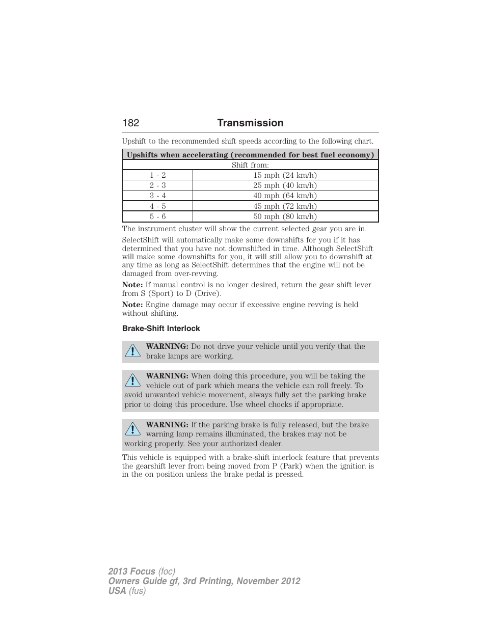 Brake-shift interlock, 182 transmission | FORD 2013 Focus v.3 User Manual | Page 183 / 487