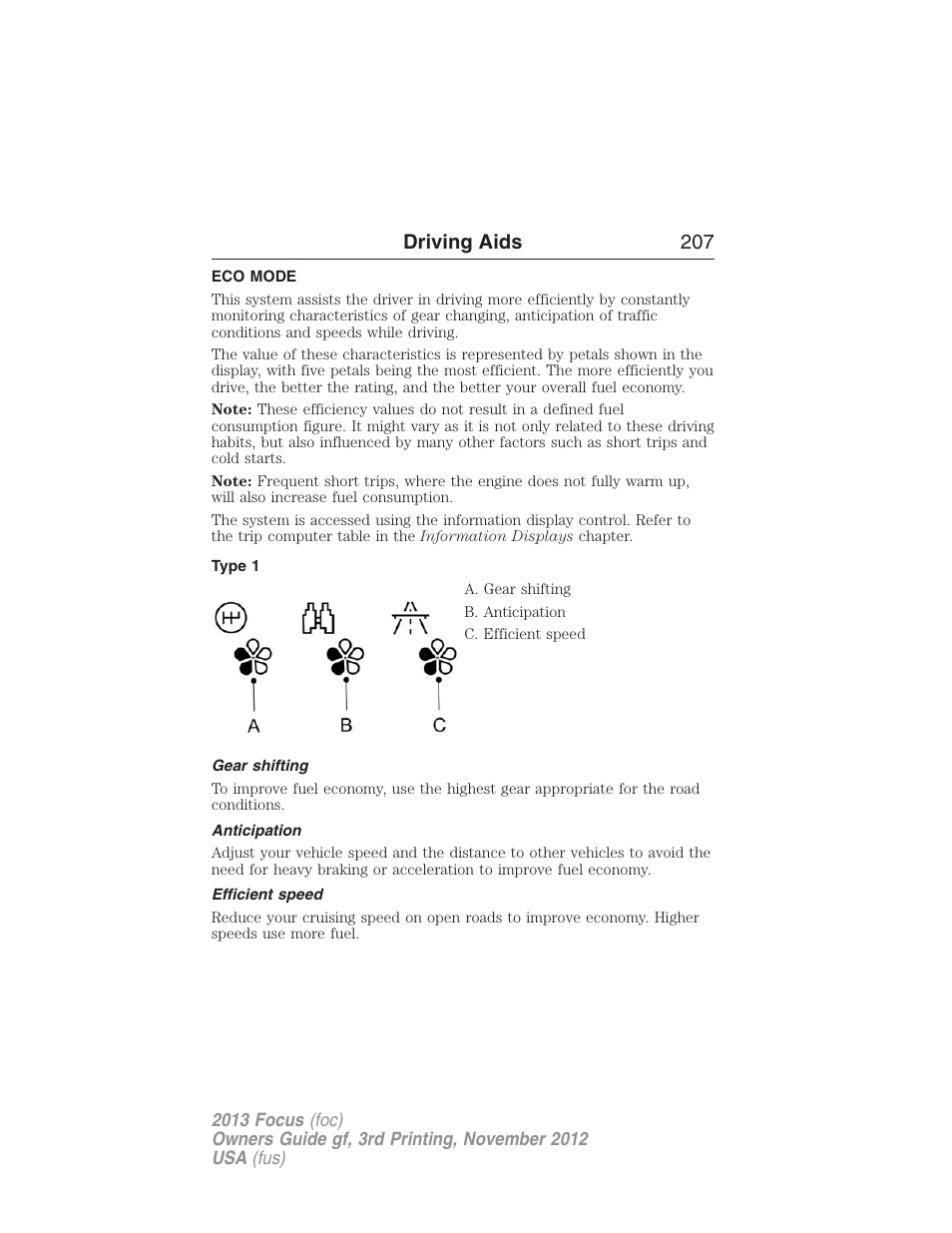 Driving aids, Eco mode, Type 1 | Gear shifting, Anticipation, Efficient speed, Driving aids 207 | FORD 2013 Focus v.3 User Manual | Page 208 / 487