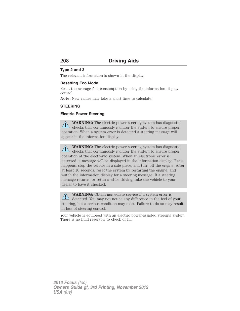 Type 2 and 3, Resetting eco mode, Steering | Electric power steering, 208 driving aids | FORD 2013 Focus v.3 User Manual | Page 209 / 487