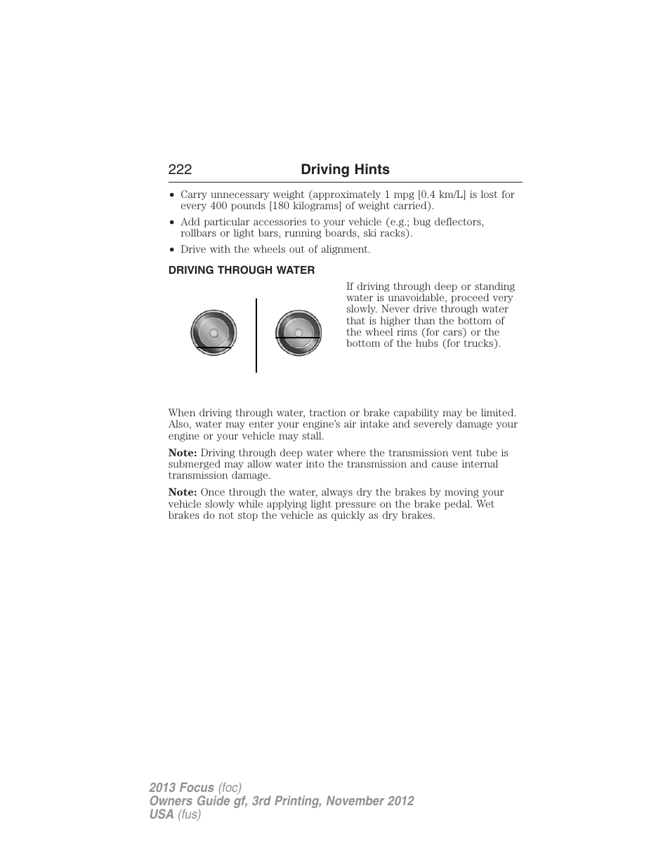 Driving through water, 222 driving hints | FORD 2013 Focus v.3 User Manual | Page 223 / 487