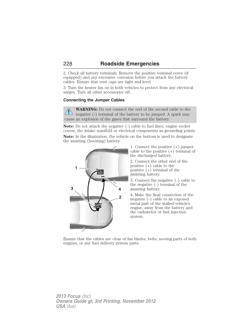 Connecting the jumper cables, 228 roadside emergencies | FORD 2013 Focus v.3 User Manual | Page 229 / 487